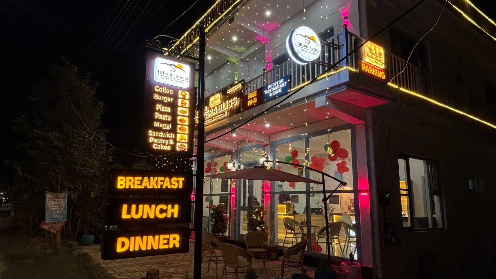 Hillside Social cafe at night